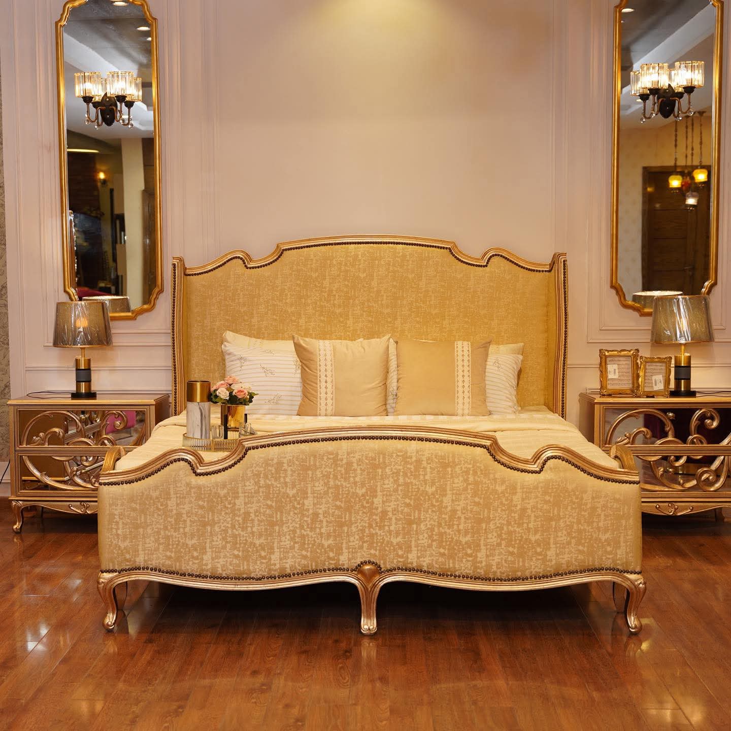 LUXURIOUS 4-PIECE BEDROOM SET: BED, 2 SIDE TABLES, DRESSER & MIRROR- FULLY CUSTOMIZABLE