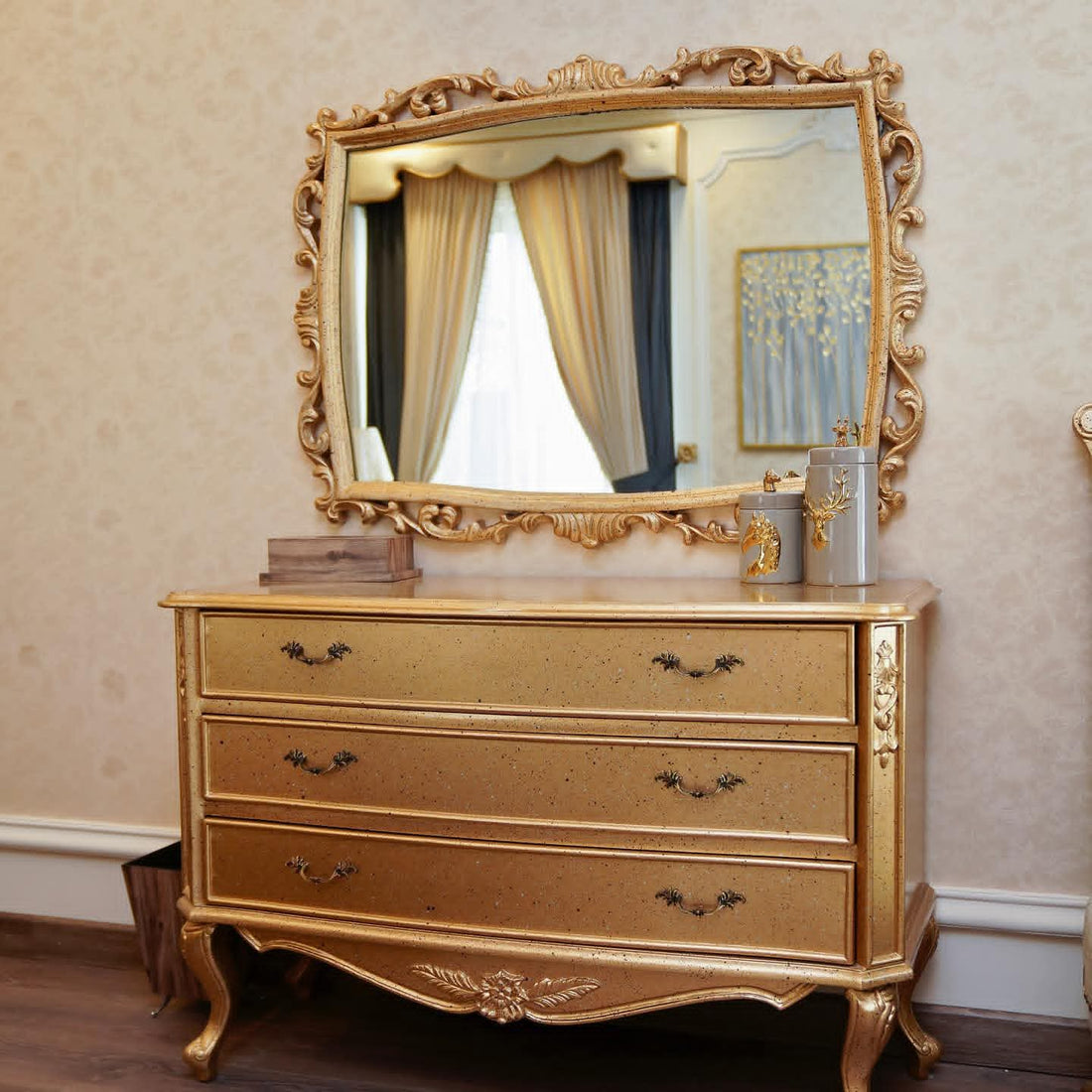 LUXURIOUS 4-PIECE BEDROOM SET: BED, 2 SIDE TABLES, DRESSER & MIRROR- FULLY CUSTOMIZABLE