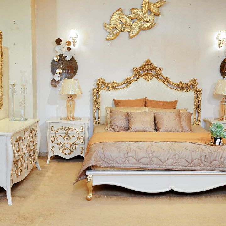 LUXURIOUS 4-PIECE BEDROOM SET: BED, 2 SIDE TABLES, DRESSER & MIRROR- FULLY CUSTOMIZABLE
