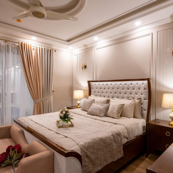 LUXURIOUS 4-PIECE BEDROOM SET: BED, 2 SIDE TABLES, DRESSER & MIRROR- FULLY COUSTOMIZABLE