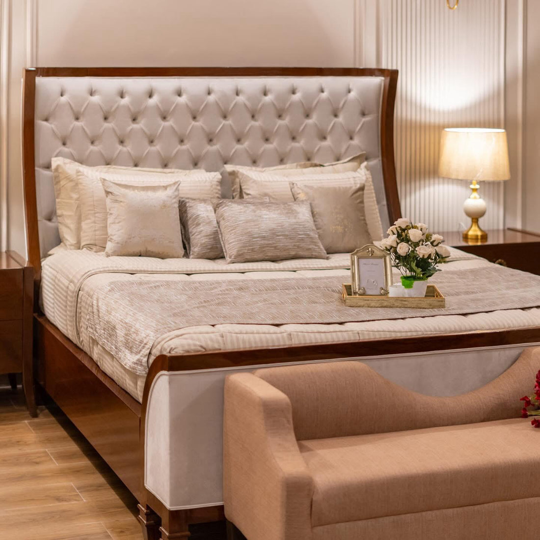 LUXURIOUS 4-PIECE BEDROOM SET: BED, 2 SIDE TABLES, DRESSER & MIRROR- FULLY COUSTOMIZABLE